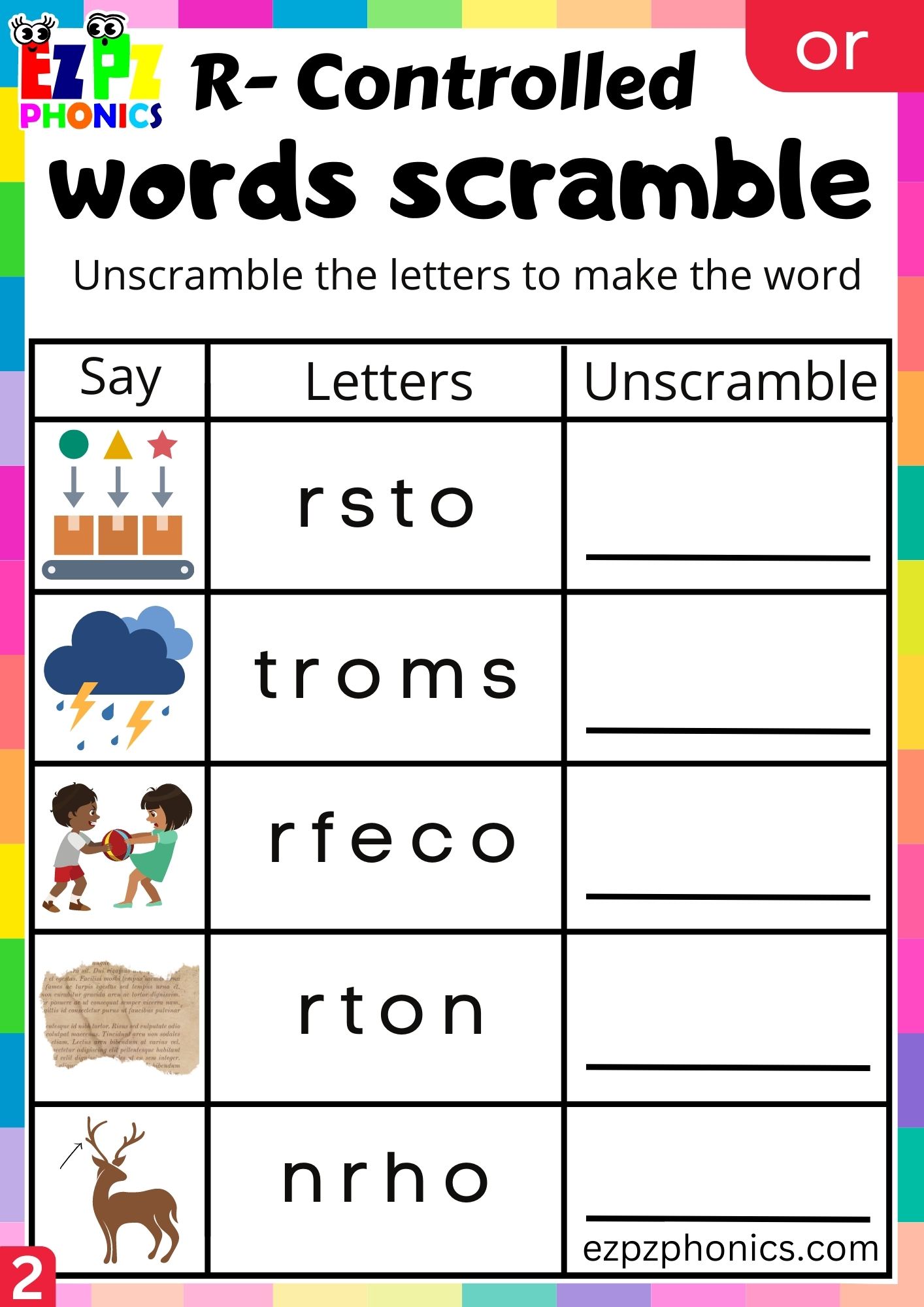 Word scramble worksheet for or words R Controlled Vowels Phonics group 2
